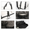 A white and black Travel Weekender Bag featuring multiple compartments, zippers, and durable straps. It has a logo present.