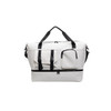 A white travel weekender bag with black straps and multiple exterior pockets. It features a logo on the side.