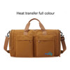 A foldable travel duffle bag in a warm brown colour with two front pockets and a branded logo.