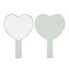 A heart-shaped handheld mirror with a silver handle. The mirror is reflective and features a smooth surface.