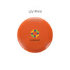An orange Frisbee featuring a multi-coloured logo in the centre. The product has a textured edge.