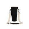 A drink bottle carrier bag in black with a cream-coloured strap and clips for easy carrying.