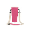 A drink bottle carrier bag in vibrant pink, featuring a sturdy strap and clips for easy transport.