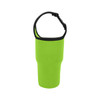 A drink bottle pouch in vibrant green with a black trim and adjustable strap, featuring a logo.