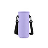 A drink bottle carrier in light purple with adjustable black straps, featuring a logo on the side.