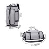 A grey convertible bucket backpack duffel bag with adjustable straps and multiple compartments. Features a logo.