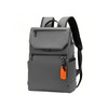 A grey laptop backpack with an orange accent, featuring multiple pockets and adjustable straps. It has a logo on it.