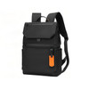 A black Flap Laptop Backpack with a front pocket, adjustable straps, and an orange tag. It features a logo.