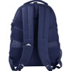 A navy blue backpack featuring padded shoulder straps and a logo on the back.