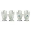 Leather work gloves in light grey with a logo, featuring a fitted wrist design and four-finger style.