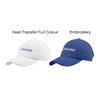 A white cap and a navy blue cap, both featuring a logo and different decorative treatments.