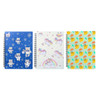 Three spiral-bound folders with varied designs: blue with bears, white with unicorns, and vibrant patterns of ice creams.