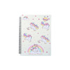 A spiral-bound folder featuring colourful unicorns, stars, and rainbows on a light background with a playful design.