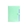 A4 expandable file folder in mint green, featuring tabs and a secure clasp closure. Includes a branding logo.