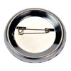 A round 25mm button badge in silver, featuring a pin backing for attachment.