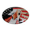 An oval button badge featuring an illustration with an American flag background. Predominantly red, white, and blue.