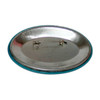 An oval button badge featuring a metal back with a silver finish and a blue rim. It includes a pin mechanism.