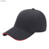 A black and red six-panel cotton sandwich cap with a curved brim and a logo on the front.