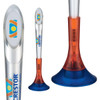 A plastic pen featuring a sleek design with a transparent body, orange accents, and a blue base. It includes a logo.