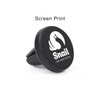 A black clip-on car phone holder featuring a circular design and a logo with a snail graphic.