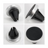 A clip-on car phone holder in black and silver, featuring a textured surface and air vent attachment design.
