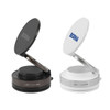 A suction magnetic phone holder in black and white with a circular design and adjustable stand. It features a logo.