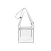 A clear PVC crossbody bag with a white strap and an inner pouch, featuring a zip closure and adjustable strap.