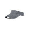 A grey washed sun visor with a wide brim and an adjustable band, featuring a logo on the side.