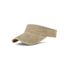 A washed sun visor in a beige colour with a wide brim and a soft fabric finish. It features a logo on the side.