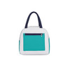 A colourful insulated lunch bag in white and teal, featuring a navy blue handle and a zippered pocket on the front.