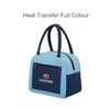 A light blue and navy insulated lunch bag with a front pocket and two handles, featuring a logo.