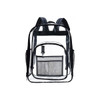 A transparent backpack with black straps features multiple compartments and mesh pockets on the sides.