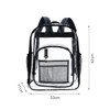 A transparent backpack with black accents, featuring a front mesh pocket and side water bottle holders.