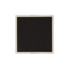 A square coaster featuring a black surface with a light-coloured border, including a logo.