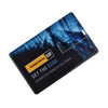 A black credit card-sized flash drive featuring a blue abstract design and a logo.