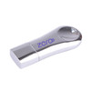 A sleek, chrome flash drive with a rounded top and a branding logo in purple.