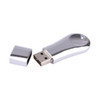 A silver, glossy flash drive with a removable cap. The drive has a sleek, rounded design and a metallic finish.