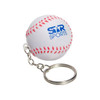 A white baseball-shaped stress reliever with red stitching, attached to a silver keyring, featuring a logo.