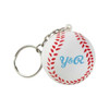 A white baseball stress reliever keyring with red stitching and a metal keyring attachment. It features a logo.