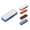 A collection of sliding flash drives in blue, red, white, and black, featuring a sleek design and logos.