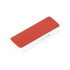 A sliding flash drive in red and white, featuring a sleek design and a logo.