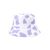 A bucket hat featuring a white base adorned with purple cow print patterns and a striped brim.