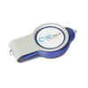 A blue and silver retractable flash drive with a round logo on the top.