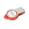 A retractable light-up flash drive with a silver body and red accents, featuring a logo on the front.