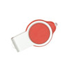 A red and white light-up flash drive with an epoxy doming feature, featuring a circular design and a clip.