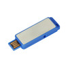 A blue flash drive featuring a metallic surface. The drive includes a click action mechanism for easy use.