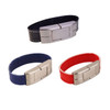 A selection of leather bracelet flash drives in black, navy blue, and red, featuring metallic clasps.