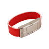 A red leather bracelet with a silver clasp, designed to function as a flash drive. It features a logo.