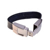 A leather bracelet flash drive featuring a metallic clasp. The bracelet has a black leather strap and silver accents.