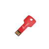 A red square key flash drive featuring a key design and a branding logo.